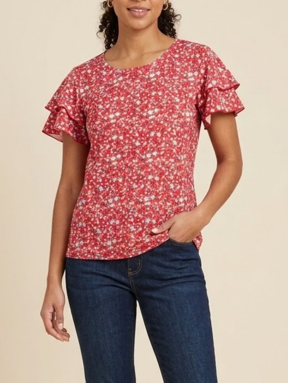 NWT Red Ditsy Floral Flutter Ruffle Sleeve Blouse Top - Size XL